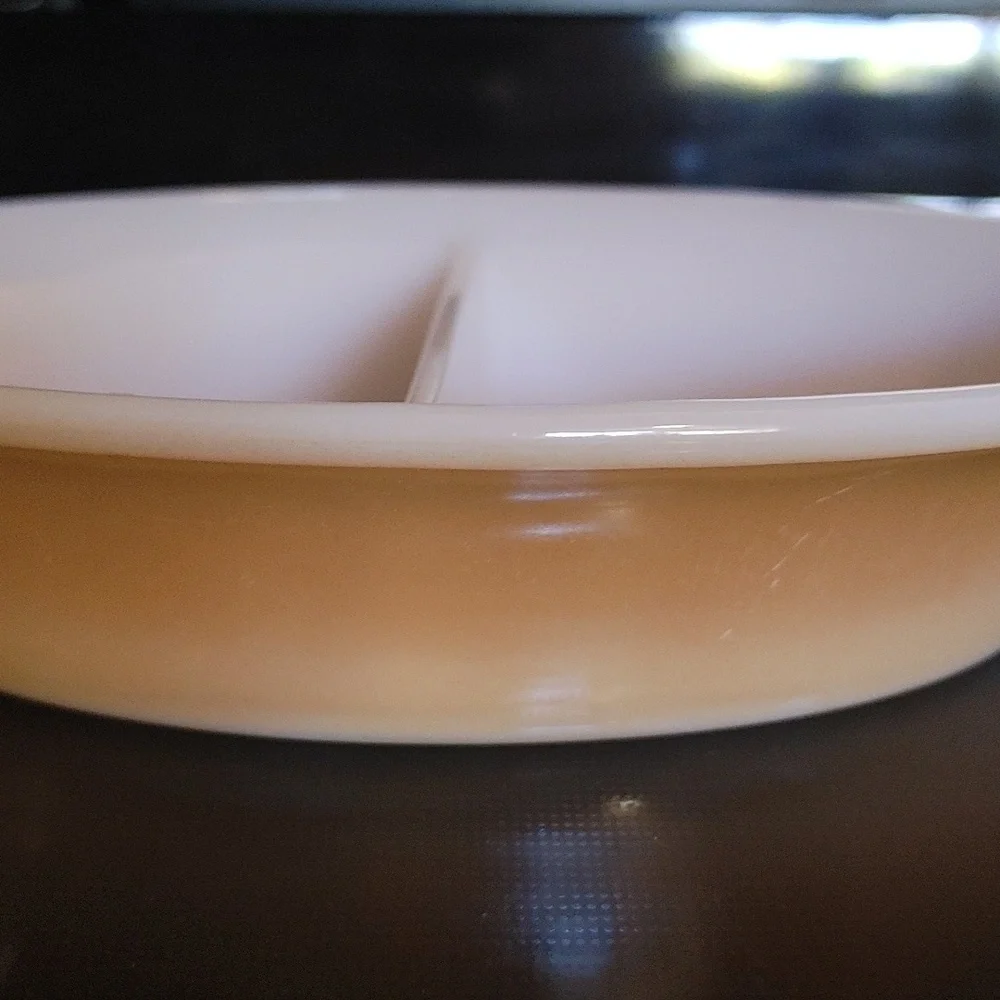 468 FIRE KING Peach Lustre Divided Oval Baking Casserole Dish